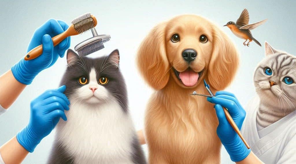  dog and cat being groomed, showcasing professional pet grooming with brushes and tools for clean, healthy fur.