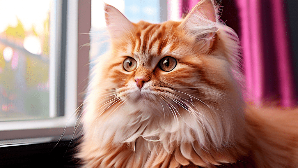 An orange and white long-haired cat with striking green eyes sits by a window, looking out thoughtfully. Sunlight highlights the cat's soft fur, and a magenta curtain hangs in the background.