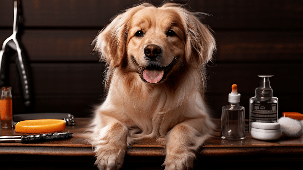 A happy, golden-furred dog with a fluffy coat sits on a grooming table. Around the dog are various grooming tools and products, including a comb, scissors, spray bottle, and shampoo, all neatly arranged against a dark wooden backdrop. The dog looks content and well-groomed.