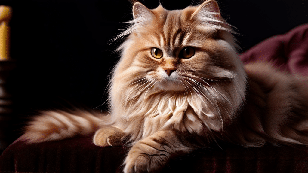 A fluffy, long-haired cat with golden-brown fur and expressive eyes is lounging on a dark surface against a black background. The cat's voluminous fur, especially the thick mane around its neck, highlights the importance of regular pet grooming. Its paws are relaxed, and it appears calm and alert.