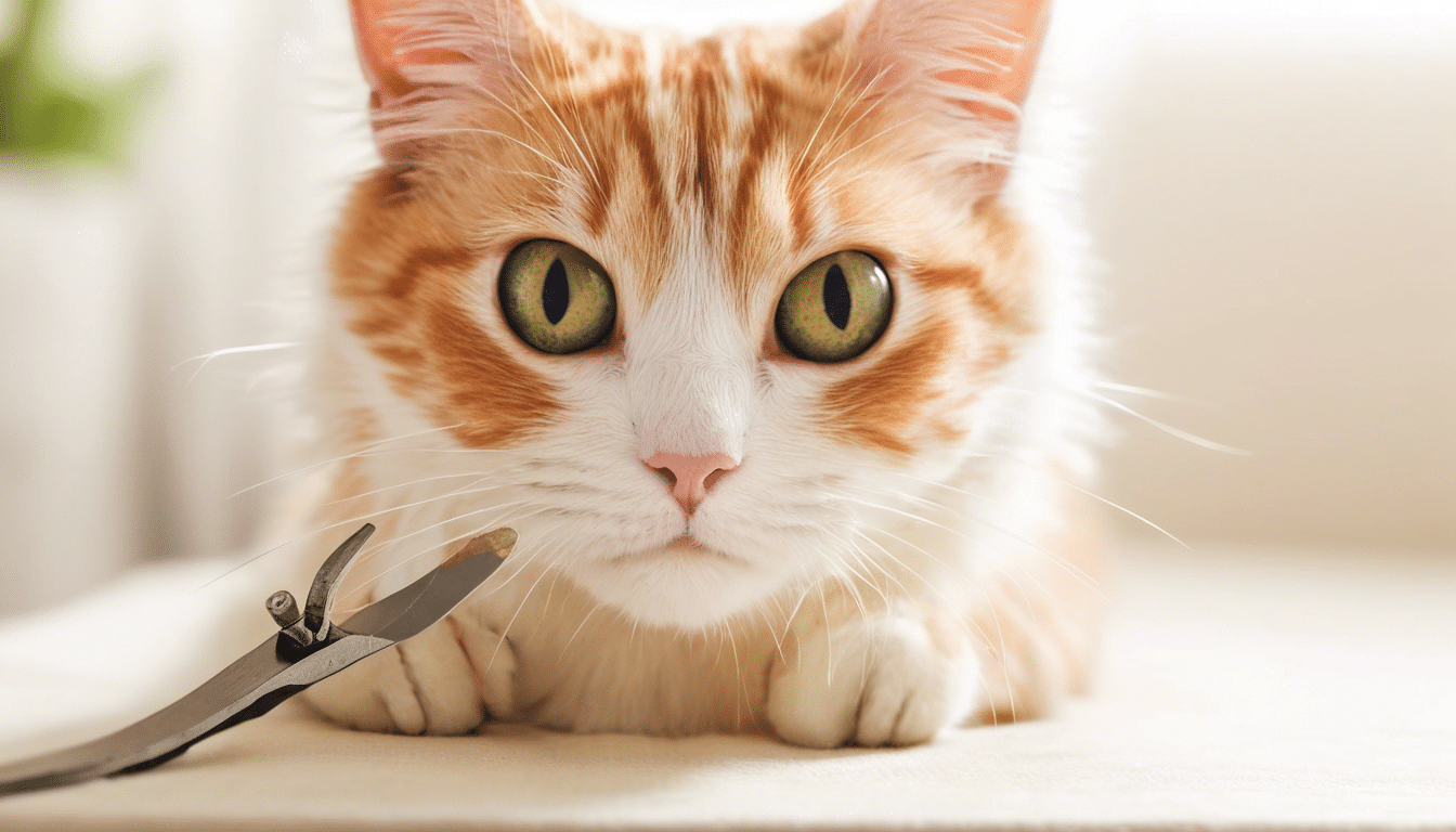 A close-up of a ginger and white cat with wide green eyes, looking directly at the camera. A pair of nail clippers is positioned near one of the cat's claws, highlighting an essential part of pet health & hygiene. The background is softly lit and blurred.