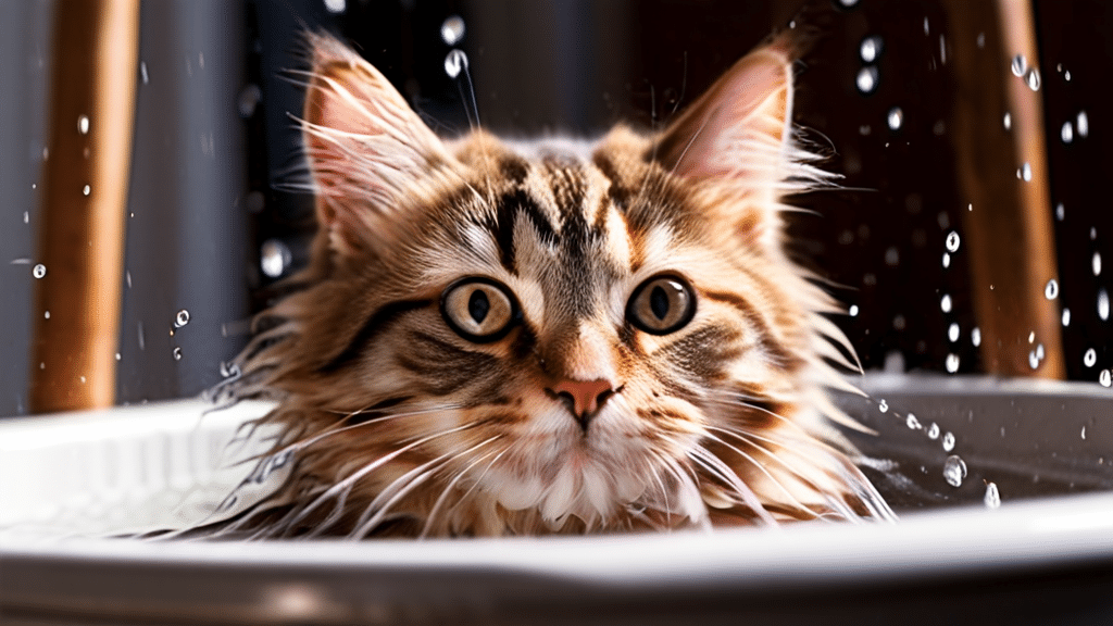 A fluffy cat with wide eyes sits in a white container filled with water. Its wet fur is matted, and droplets are suspended in mid-air around its face, creating a dynamic, playful scene that highlights the importance of cat grooming. The background is blurred, emphasizing the cat's curious expression.