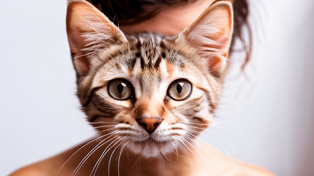 A close-up of a cat with large, attentive eyes and distinctive stripes and markings on its face, partially obscuring a person's face and blending their features together. The person is out of focus in the background, while the cat, seemingly fresh from a pet grooming session, is sharply in focus.