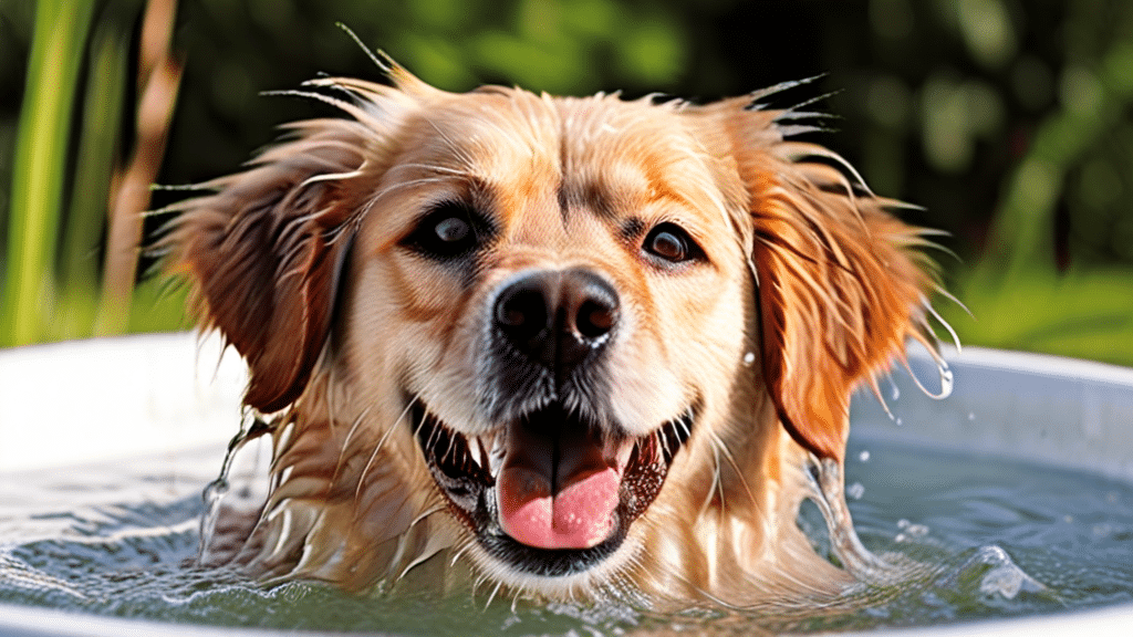 A happy dog with wet fur is enjoying a bath in a small tub, showcasing the importance of pet health & hygiene. The dog has a cheerful expression with its tongue out, and water droplets are visible on its fur and around the tub. The background is greenery, suggesting an outdoor setting.