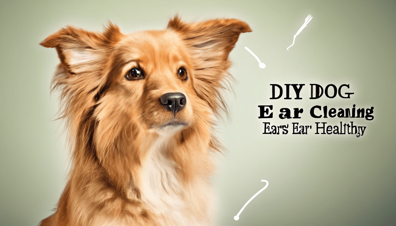 A fluffy, light-brown dog with upright ears is shown against a light green background. On the right side of the image, text reads "DIY DOG Ear Cleaning: Ears Ear Healthy" with small illustrations of cotton swabs around the text. Perfect for dog grooming and promoting Pet Health & Hygiene.