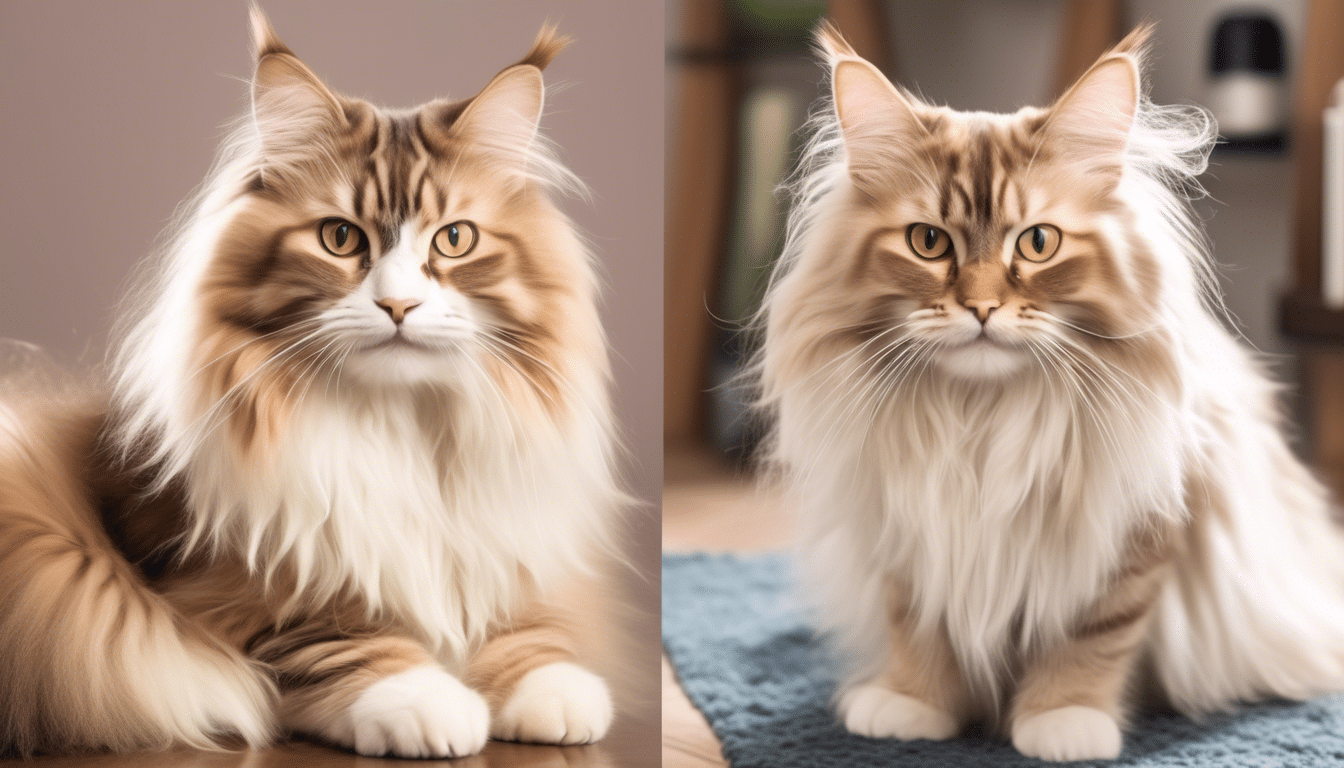 Two Maine Coon cats with long, fluffy fur sit indoors. The cat on the left has a creamy light brown and white coat, and the cat on the right has a similar fur pattern. Both have expressive yellowish-green eyes and appear relaxed.