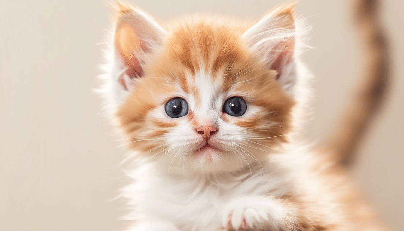 A close-up of a cute, fluffy orange and white kitten with big blue eyes, looking directly at the camera. The background is a soft, neutral color, making the kitten the focal point of this Pet Health & Hygiene promotional image.