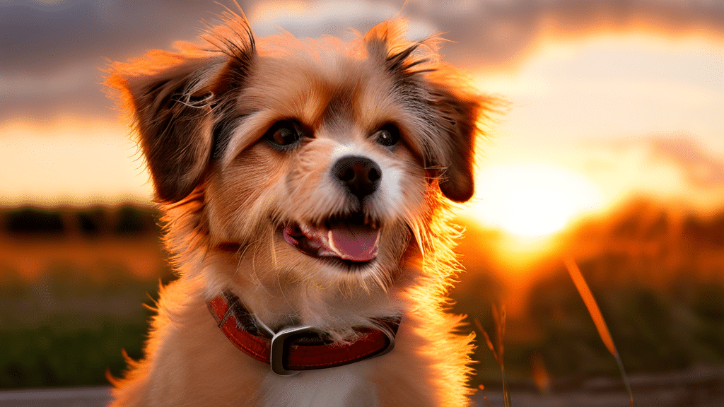 A small dog with fluffy fur and a red collar sits outside during a sunset. The sky is filled with orange and pink hues, and the dog's fur glows in the evening light. The dog looks happy with its mouth slightly open and tongue out.