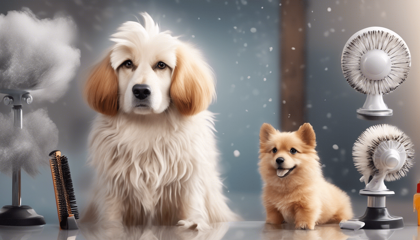 Two fluffy dogs sit attentively among pet grooming tools. The larger dog, with long white fur and brown ears, sits beside a smaller, orange-brown dog. Surrounding them are various brushes and pet health & hygiene equipment, with a soft-focus background.