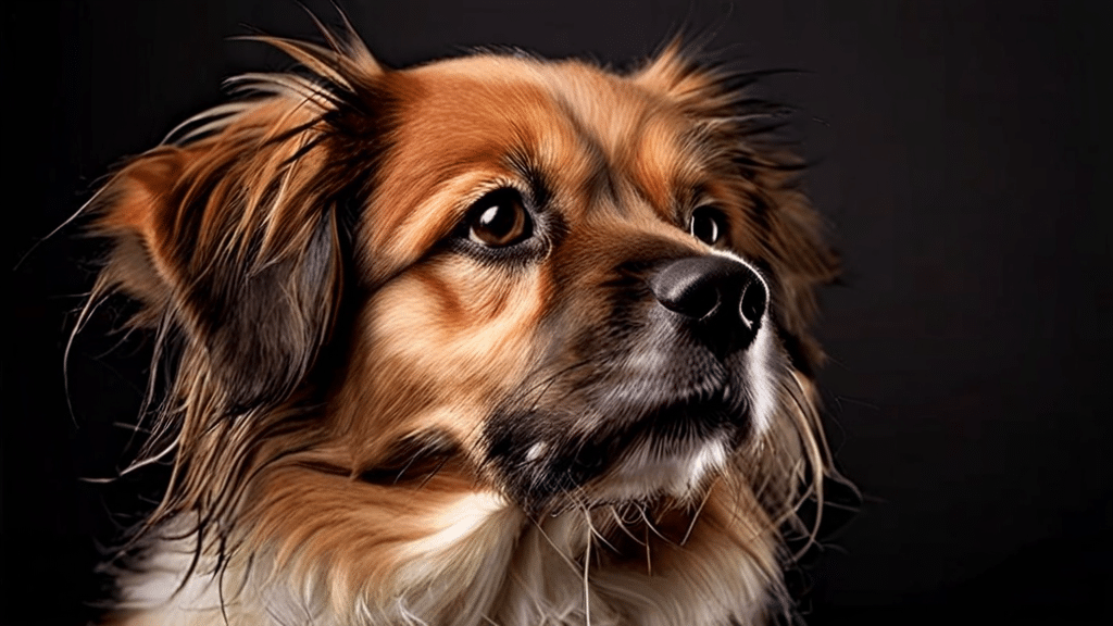 Close-up of a small, fluffy dog with brown and white fur, gazing intently to the left. The dark background highlights its expressive, soulful eyes and detailed fur texture. Fresh from dog grooming, the dog's ears are perked up and slightly tousled.