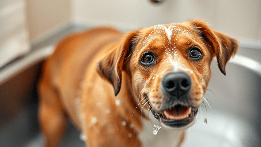 A brown dog with white spots on its face is standing in a metal sink, covered in soapy water. The dog looks up with wide eyes and an open mouth, appearing happy and curious during its dog grooming session. Water droplets are visible on its fur and face.