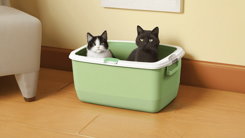 Two cats sit together in a light green plastic storage bin with a white lid. The bin is placed on a wooden floor next to a cream-colored wall. One cat is black and the other is white with black markings on its face and ears, looking as though they've just had some pet grooming done. A beige sofa is partially visible nearby.