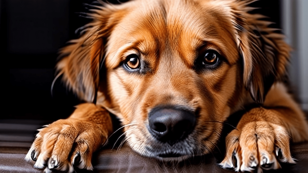 A close-up of a brown dog with soulful eyes and floppy ears, resting its head on a surface. The fur is smooth and shiny, and the front paws are extended forward with the nails visible. The background is softly blurred, emphasizing the dog's expressive face.