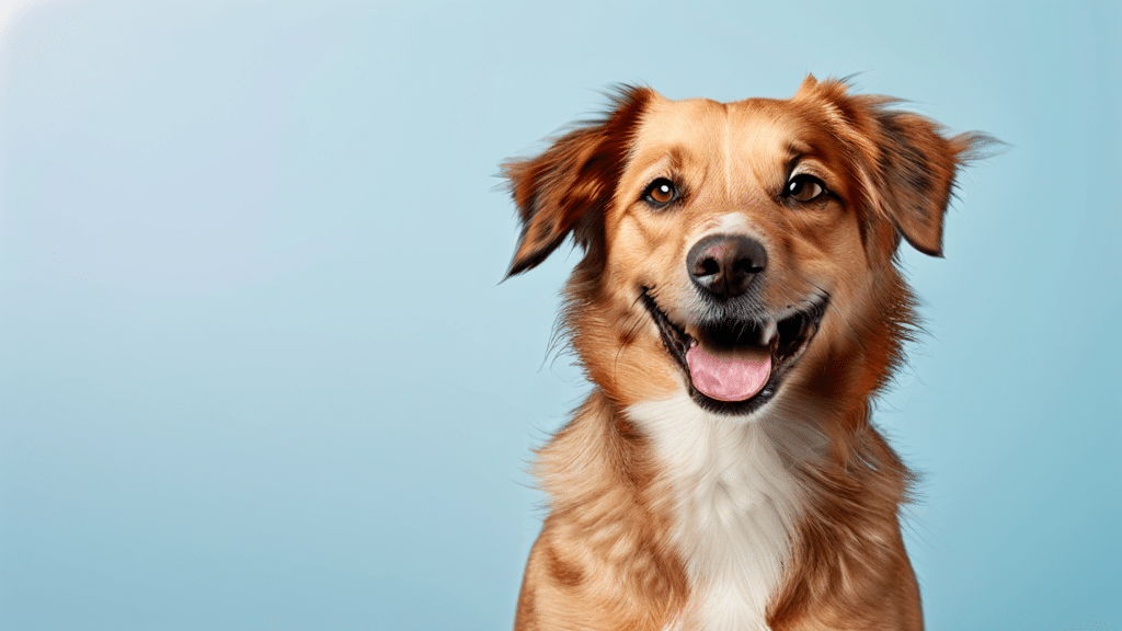 A happy brown and white dog with perky ears sits in front of a light blue background, looking directly at the camera with a cheerful expression and tongue slightly out. The dog's fur is shiny and well-groomed.