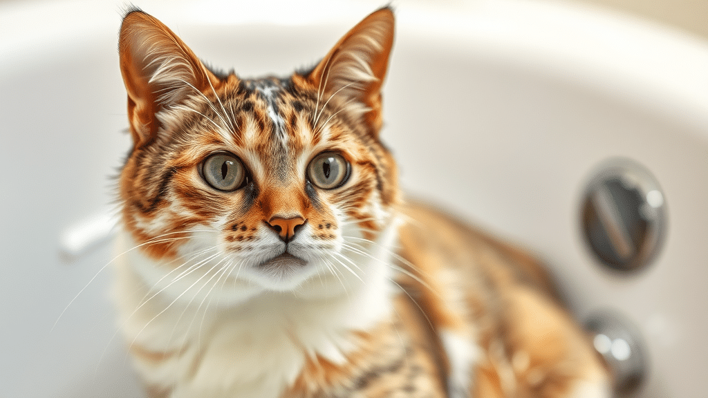 A cat with a striking orange and black striped coat, white chest, and green eyes sits attentively in a white bathtub. The blurred background features metallic controls of the tub, suggesting a moment of cat grooming.