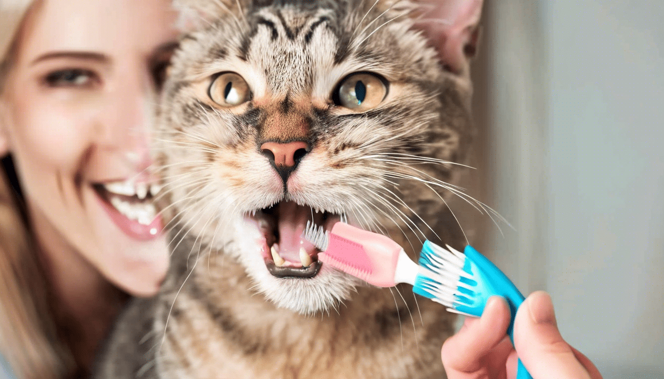 A close-up of a tabby cat having its teeth brushed with a pink toothbrush held by a person. The cat has its mouth open wide, showing its teeth, while the person in the background is smiling brightly. The scene appears light-hearted and playful, capturing an amusing moment of cat grooming.