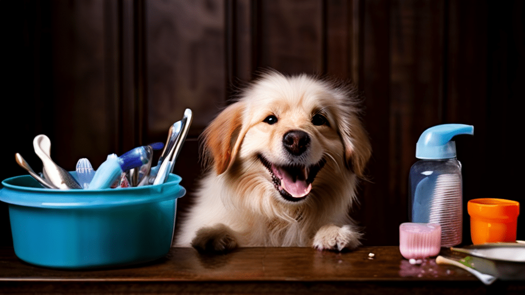 A fluffy, smiling dog sits behind a wooden table filled with a bucket of cleaning supplies, including brushes, sponges, and bottles. The background features wooden paneling. The cheerful dog looks ready for some pet grooming to ensure top-notch pet health & hygiene.