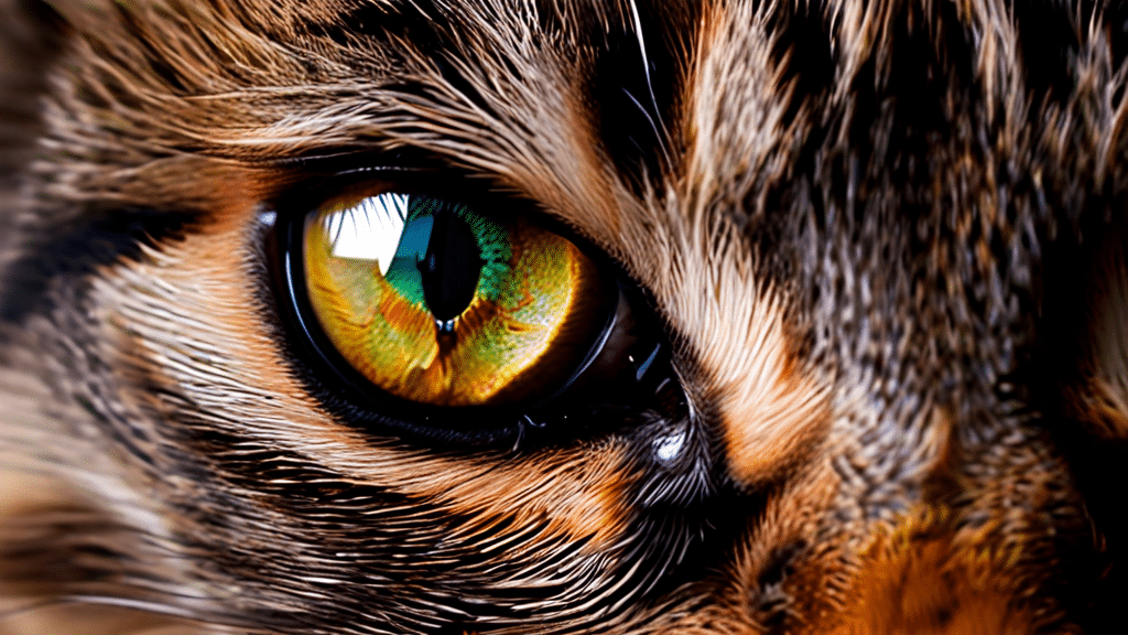 Close-up of a cat's eye, displaying a vibrant amber color with green highlights. The eye is surrounded by fur in various shades of brown and white, and the cat's detailed markings offer a striking, intricate pattern.