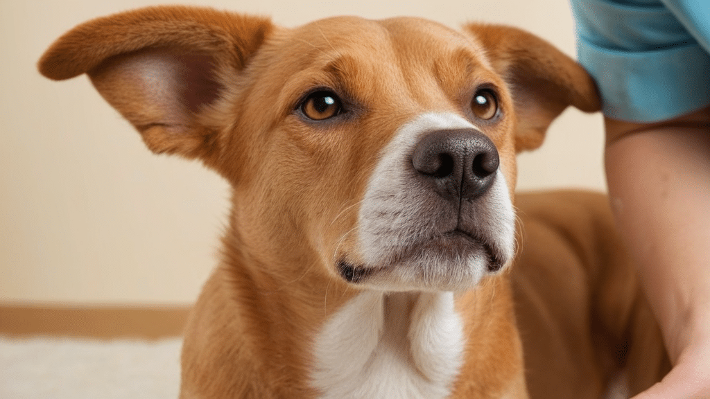 A close-up of a brown and white dog with pointed ears, looking attentively to the side. The dog, likely fresh from pet grooming, has a short coat and is inside, with a person's arm partially visible in the background.