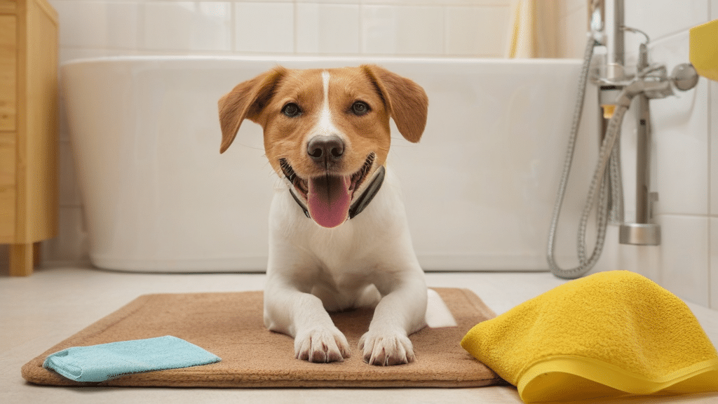 A happy brown and white dog is lying on a beige bath mat in a bathroom. The dog is panting with its tongue out. Surrounding the dog are a blue washcloth and a yellow towel, with a white bathtub in the background.