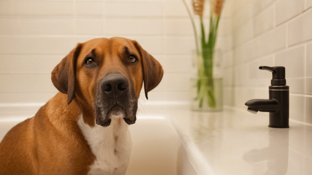 A brown and white dog with a concerned expression sits inside a white bathtub. A black soap dispenser is on the edge of the tub, and a glass vase with tall green plants is visible in the background against the white-tiled wall.