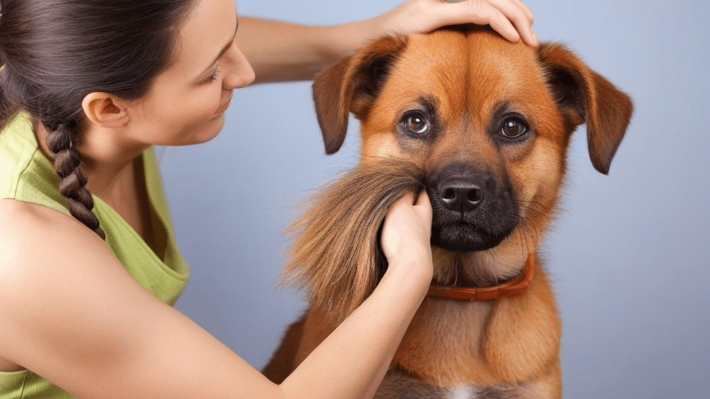 A woman with a braid, wearing a green tank top, gently holds the head of a brown dog with a black snout and expressive eyes. Engaging in dog grooming, she places a furry object, resembling a brush or another dog's tail, near the dog's mouth as if it's a mustache.