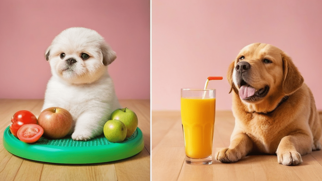 Split image: Left side depicts a fluffy white puppy sitting on a green tray with tomatoes, apples, and pears. Right side shows a light brown dog lying next to a glass of orange juice with a straw. Both have a pink background.