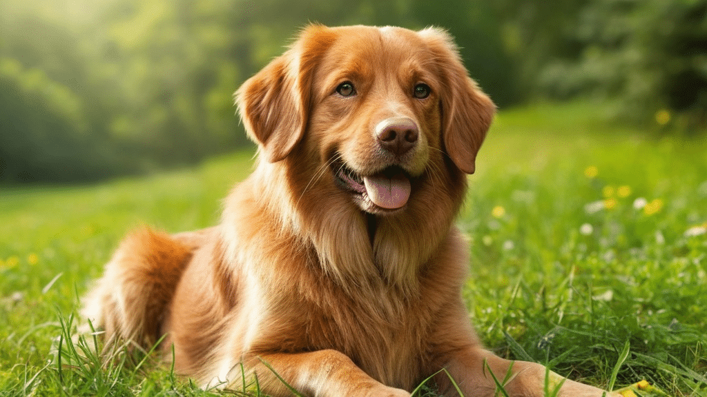 A golden retriever with a shiny, reddish-golden coat is lying down on lush green grass. The dog has its mouth open and its tongue out, radiating a happy and friendly demeanor. The background is a blurred, sunlit forest or park setting, showcasing the results of excellent dog grooming.