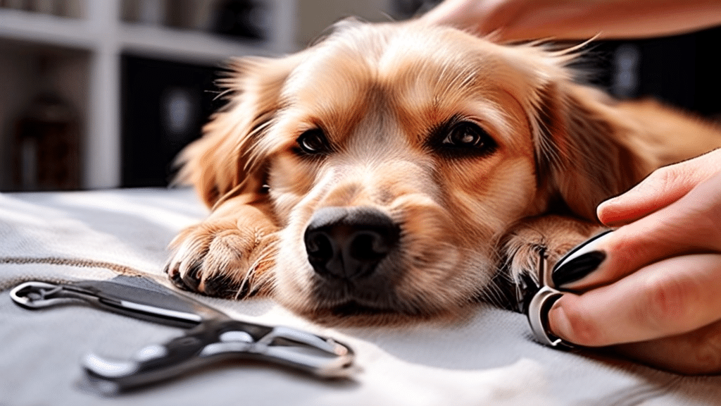 A light brown dog with a black nose and expressive eyes lies down with its head resting on what appears to be a soft surface. A person's hand with black-painted nails gently holds one of the dog's paws, with a pair of nail clippers visible in the foreground, highlighting the importance of Pet Health & Hygiene.