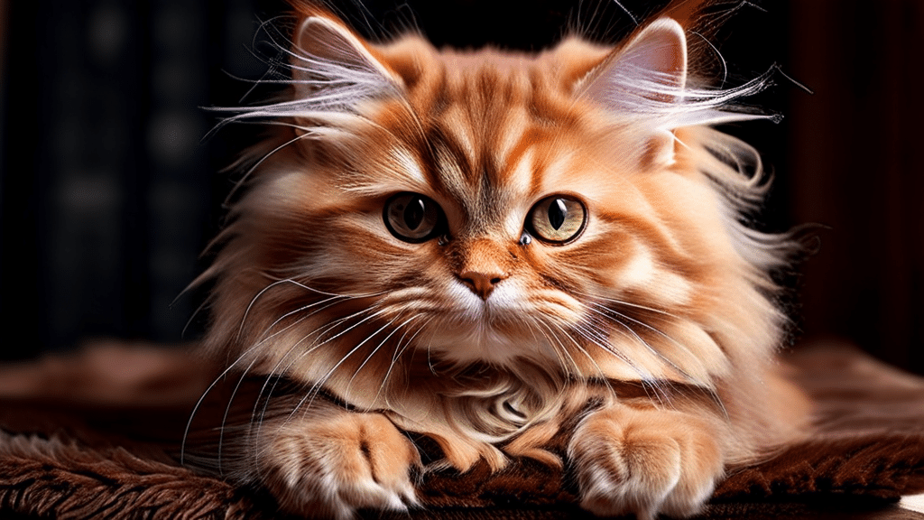 A close-up of a fluffy orange cat with bright green eyes and long whiskers, resting its paws on a dark surface. The cat's fur is thick and tufted, framing its face, making it appear inquisitive and alert against a dark, blurred background.