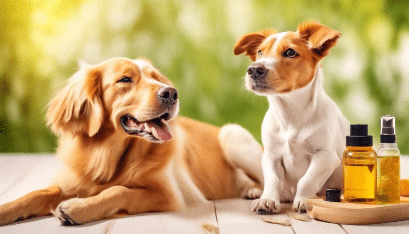 Two dogs, one Golden Retriever and one small white with brown patches, sit on a wooden surface beside essential oil bottles. The background is a natural, blurred greenery, creating a serene outdoor atmosphere perfect for pet grooming and enhancing Pet Health & Hygiene.