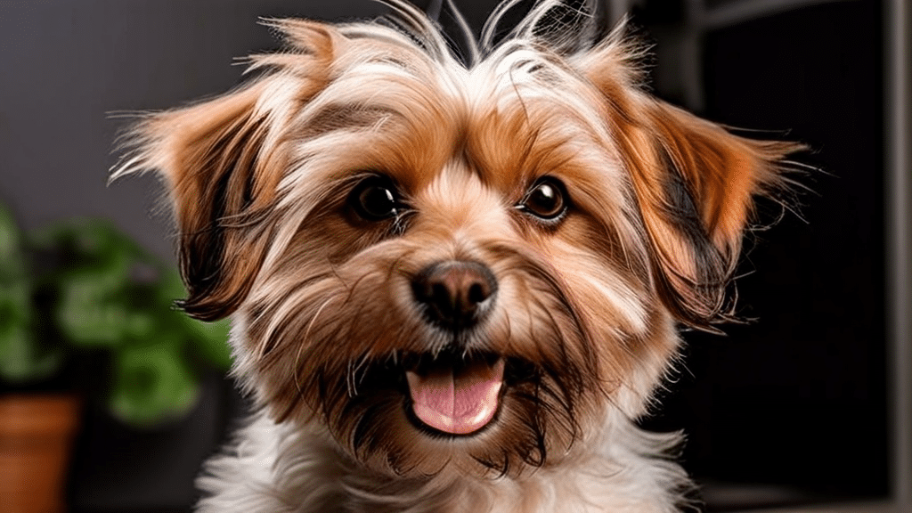 A small, fluffy dog with light brown and white fur looks directly at the camera with its mouth open and tongue slightly out, appearing happy and playful. The background is dim with a potted plant visible on the left side, suggesting a cozy corner often used for pet grooming.