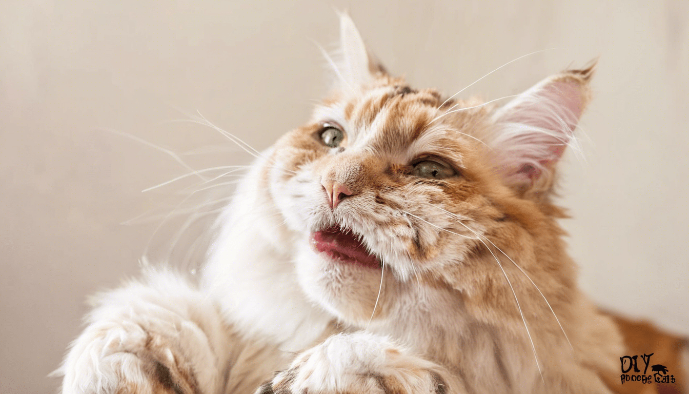 A close-up of a fluffy orange and white cat with green eyes. The cat appears to be meowing or talking, shown by its slightly open mouth and visible tongue. The cat's fur patterns and whiskers are prominent, and there is a logo at the bottom right reading "DIY Project Cats.