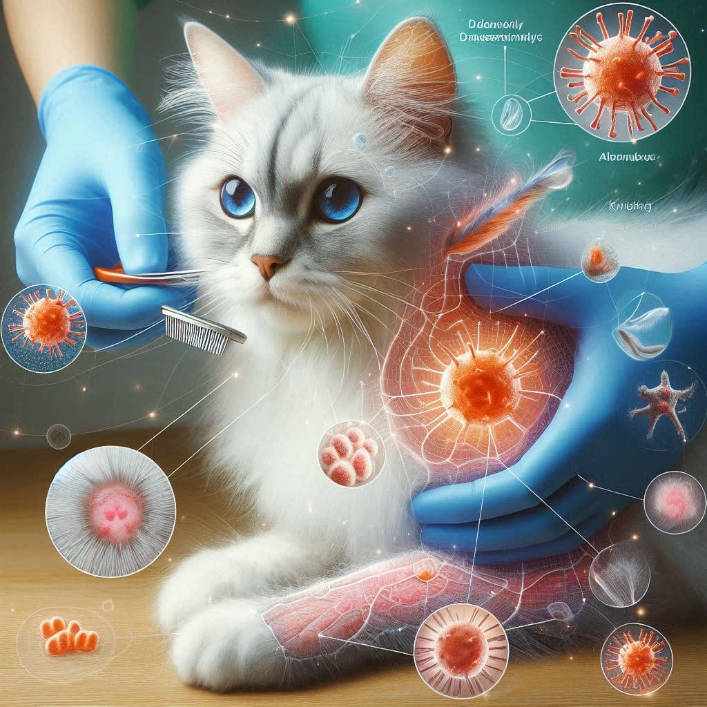 An illustration of a white, blue-eyed cat being examined by gloved hands during a cat grooming session. The image includes magnified depictions of various parasites, bacteria, and germs affecting the cat, with scientific labels describing each microorganism. The cat's fur and paw appear prominently.