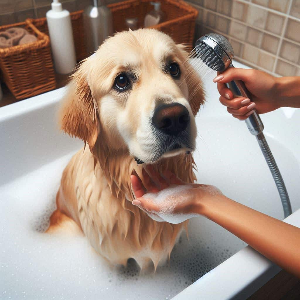 dog taking a bath