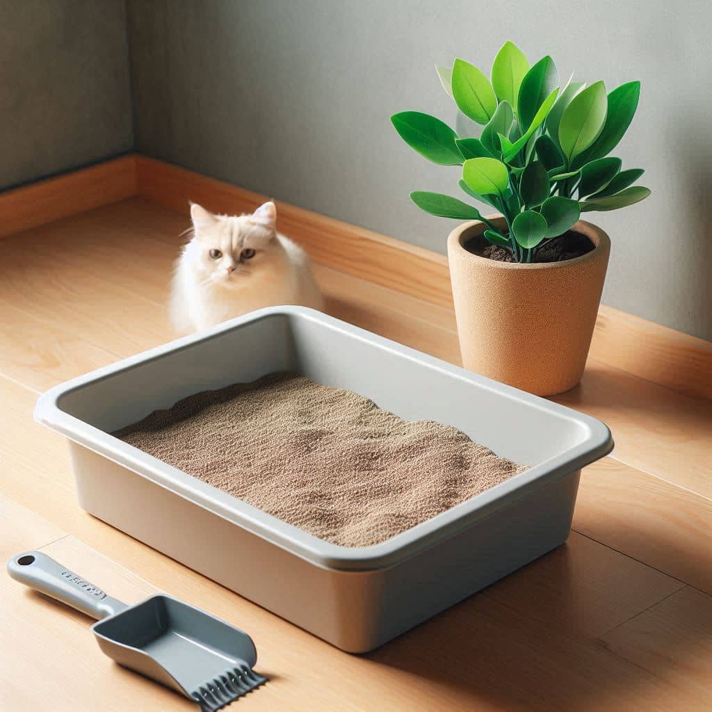 A cat sits in the background near a litter box filled with cat litter placed on a wooden floor. Next to the litter box, along with a litter scoop and a potted green plant, are tools for pet grooming.