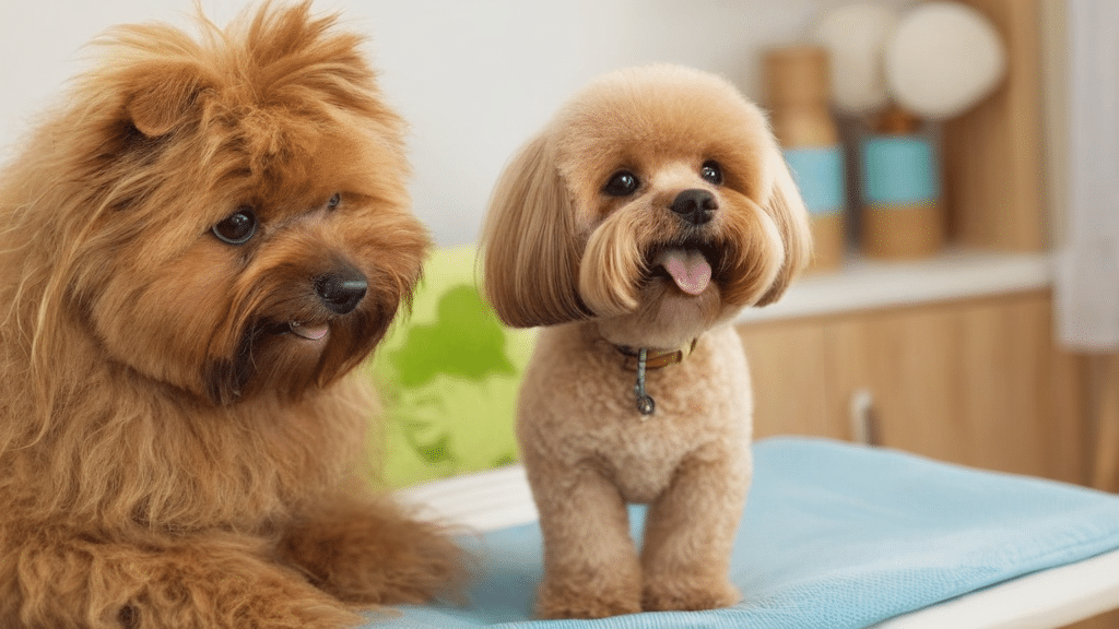 Two fluffy dogs sit on a blue mat. The dog on the left has a reddish-brown coat with a scruffy appearance, while the dog on the right has a neatly groomed tan coat and is panting with its tongue out. They are in a room with a blurred background.