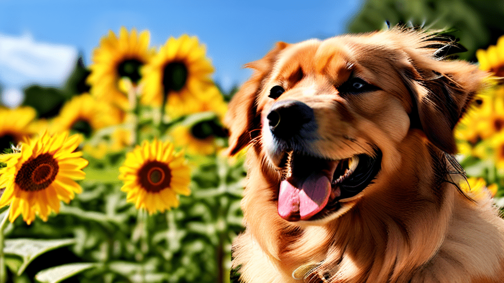 A joyful golden retriever with its tongue out, sits among vibrant, tall sunflowers on a sunny day. The sky is clear blue, adding a cheerful background to the scene, with green leaves visible beneath the yellow sunflower heads.