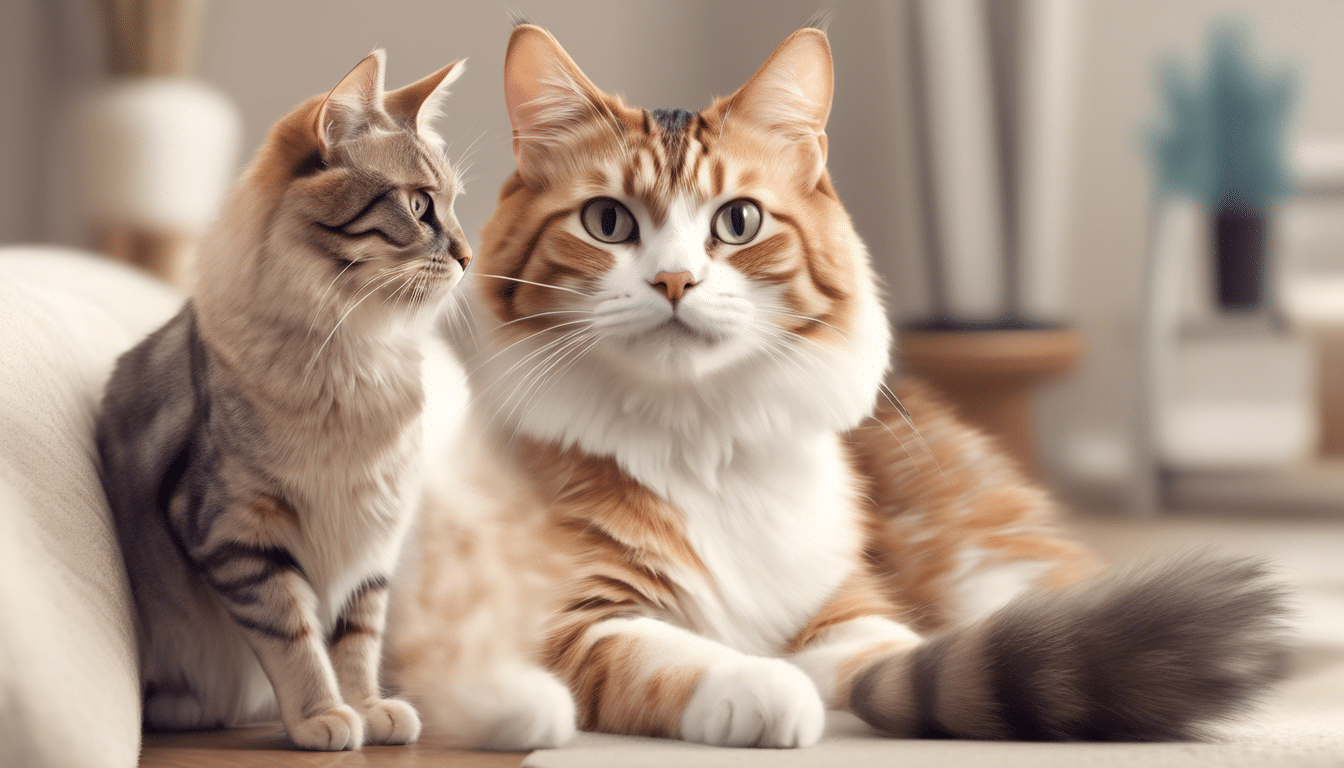 Two cats sit side by side in a cozy indoor setting. The larger cat, with a fluffy orange and white coat and striking green eyes, exudes an air of elegance often seen in cat grooming ads. Meanwhile, the smaller cat, sporting a sleek gray and black striped coat, has a curious expression as both look attentively to the side.