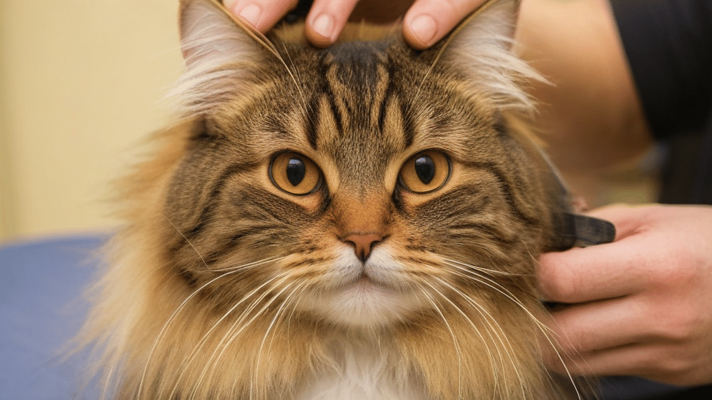 Close-up of a fluffy brown tabby cat with yellow eyes, being gently brushed by a person's hands. The cat has long fur with distinct facial markings and a calm expression.