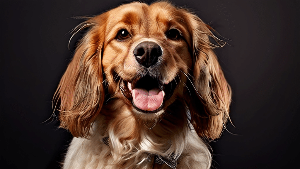 Close-up of a happy dog with a golden-brown coat and floppy ears against a dark background. The dog, fresh from pet grooming, is looking directly at the camera with a cheerful expression, mouth open and tongue slightly out.