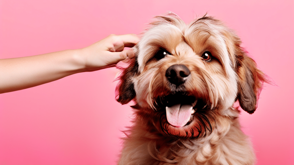 A fluffy, tan-colored dog with a happy expression sits in front of a bright pink background. Its tongue is out and it looks content as a hand reaches in from the left to pet its head, showcasing the results of excellent pet grooming.