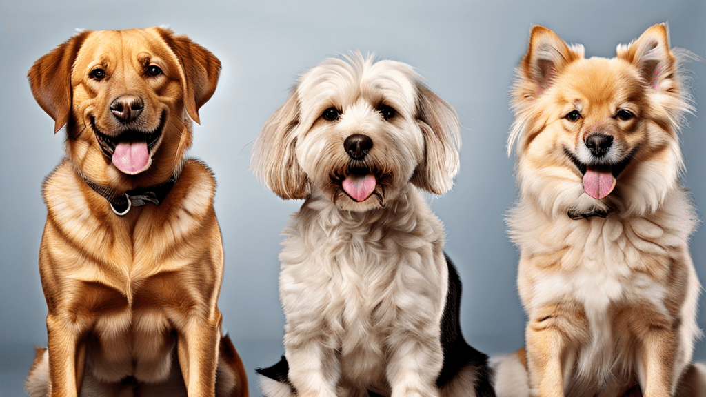 Three dogs sit side by side against a light blue background, all looking at the camera with their tongues out, fresh from a dog grooming session. The dog on the left is a golden retriever mix, the middle dog is a small white terrier, and the dog on the right is a fluffy tan Pomeranian.