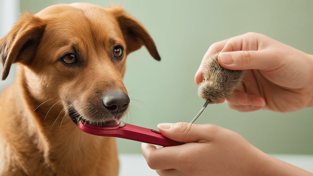 A brown dog is having its teeth brushed with a red toothbrush by someone holding a furry object in their other hand. The dog appears calm and is looking towards the camera. This scene of pet grooming highlights the importance of Pet Health & Hygiene, set against a light green, blurred background.