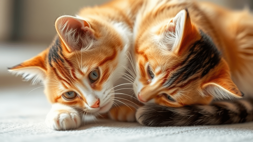 Two orange tabby kittens with white markings lie on a light-colored surface. One kitten curiously looks at the other, while the second appears to be playfully nuzzling its companion. Both have large ears and expressive eyes, embodying perfect Pet Health & Hygiene in their adorable interaction.