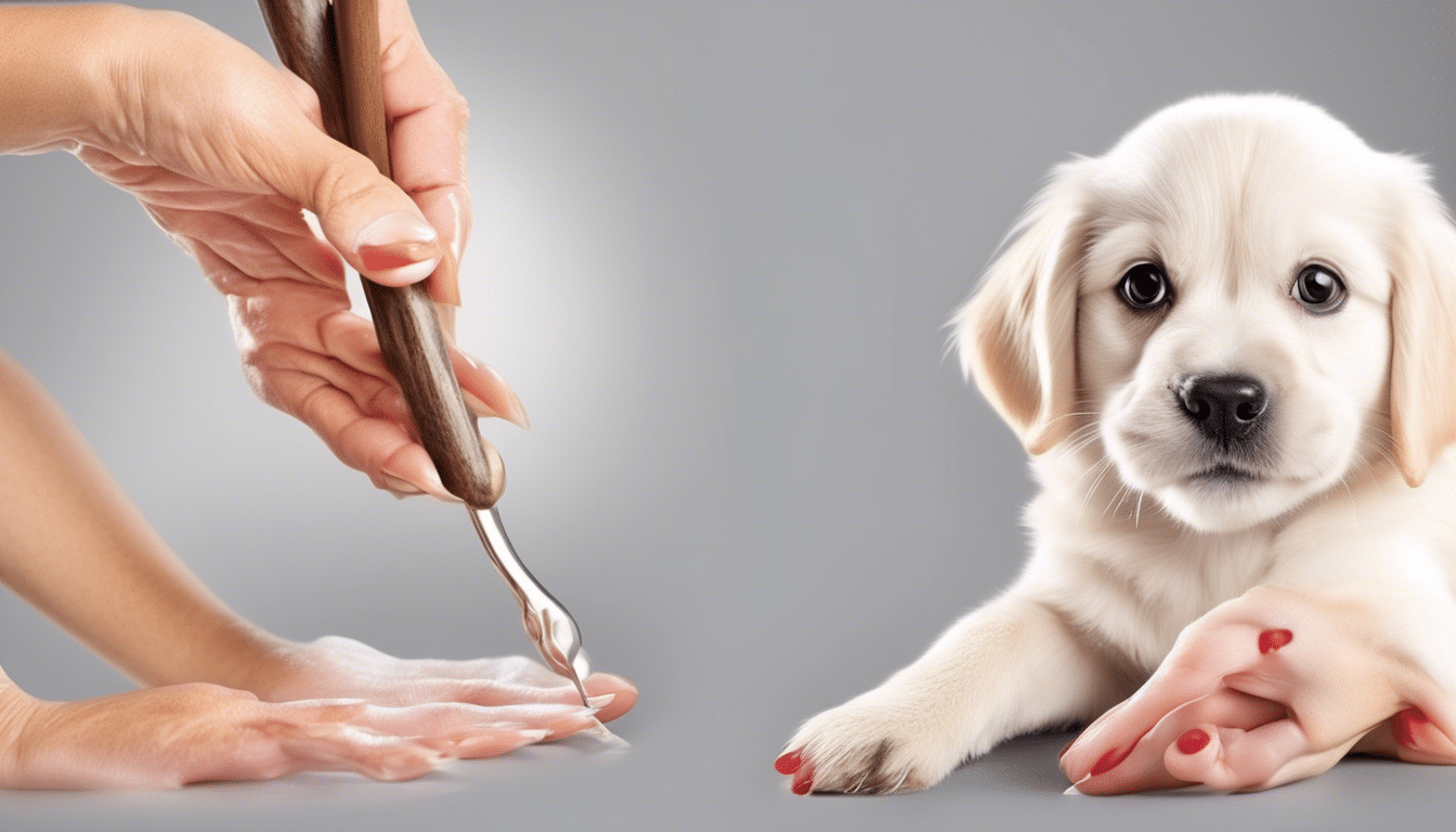 A close-up of a person's hands giving a pedicure on the left, using a cuticle pusher. On the right, a white puppy is lying down with its paw placed gently on a person's manicured hand, showing a tender and caring moment of dog grooming.