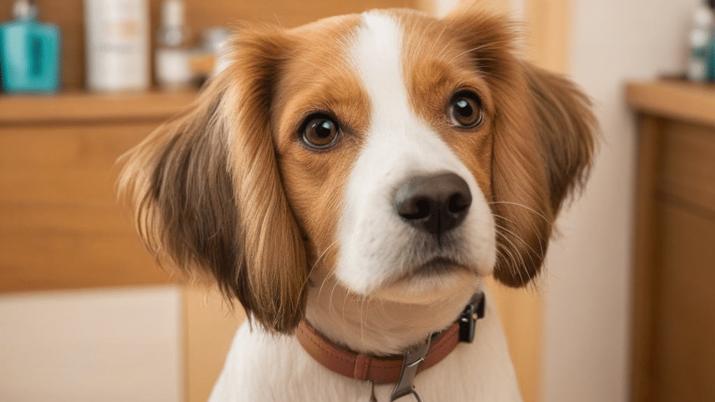 A close-up of a dog with a white and brown coat, droopy ears, and expressive eyes. The dog is wearing a red collar and is indoors, with a blurred background that appears to include household items and wooden furniture.