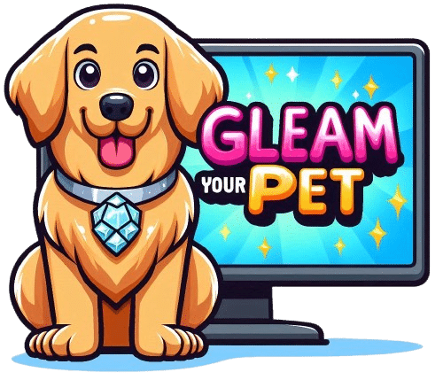 A cartoon image of a happy golden retriever wearing a large, sparkling diamond-shaped tag around its neck. The dog sits in front of a computer screen that displays the words "Gleam Your Pet" with a blue background and yellow stars, promoting top-notch pet grooming services.